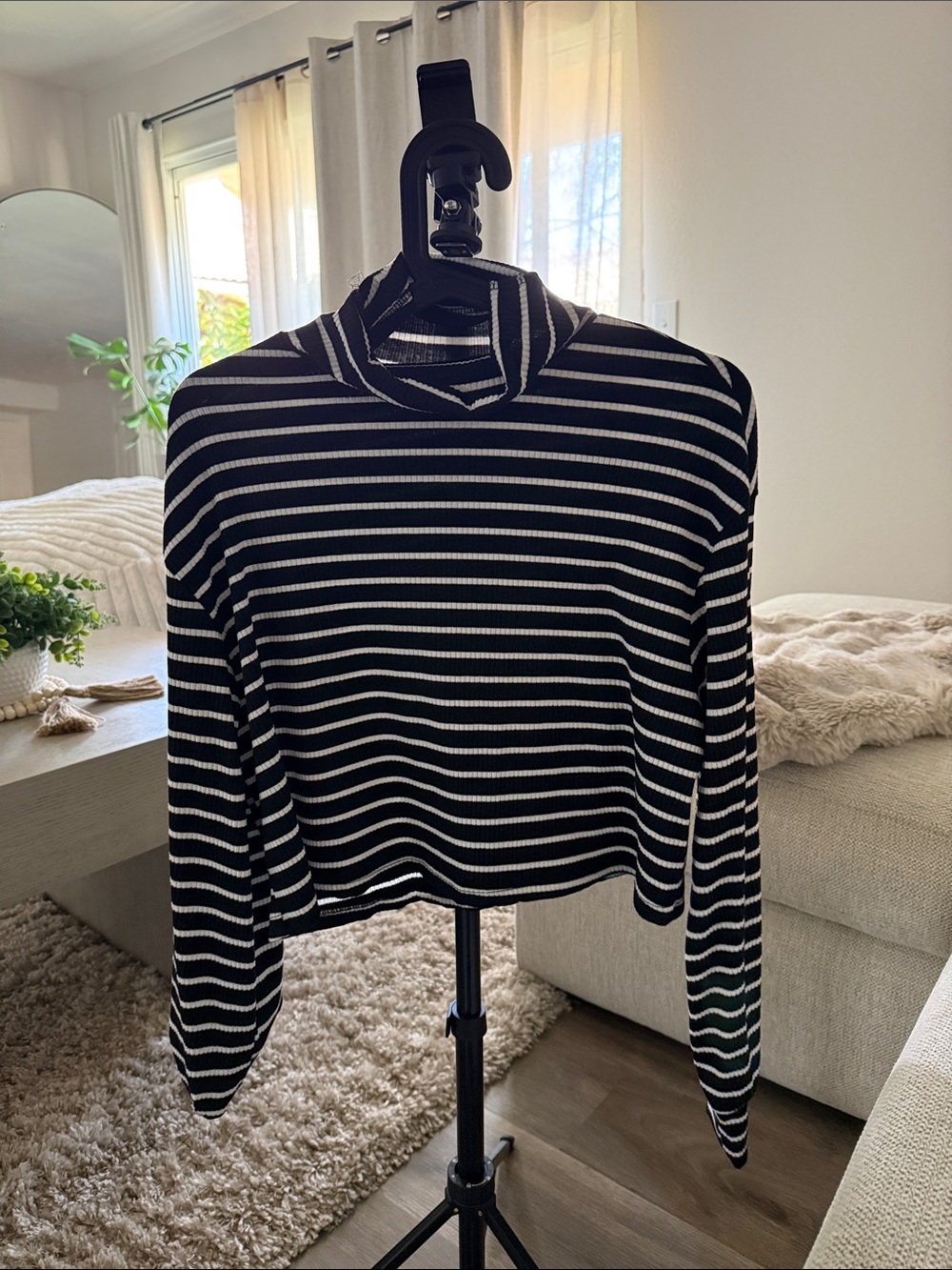 SHEIN Black & White Striped Mock Neck Long Sleeve Top